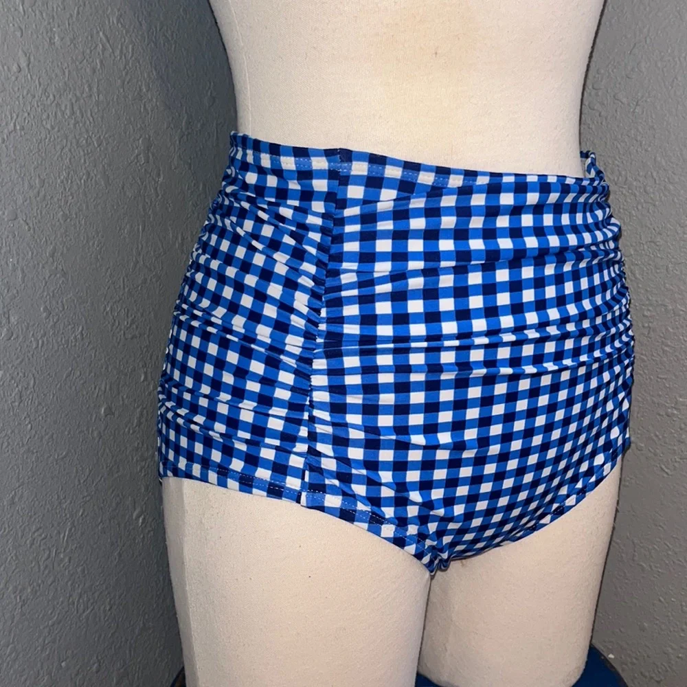 NWT $52 Lauren James High Waisted Shirred Gingham Swim Bottoms Size Small!